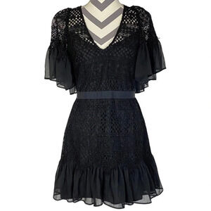 Stevie May Lace Ruffle Black Dress Womens Size Medium Short Sleeve Boho EUC